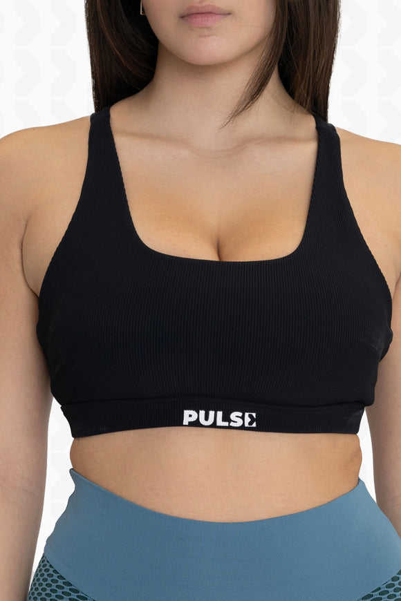 Black Ribbed Stylish Back Design Bra - Front