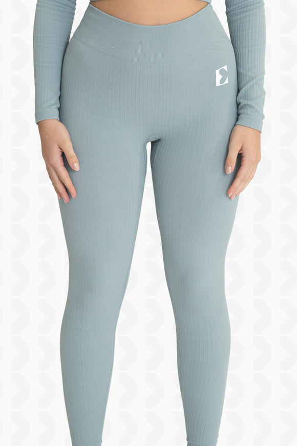 Blue Ribbed Sports Legging For Women - Front