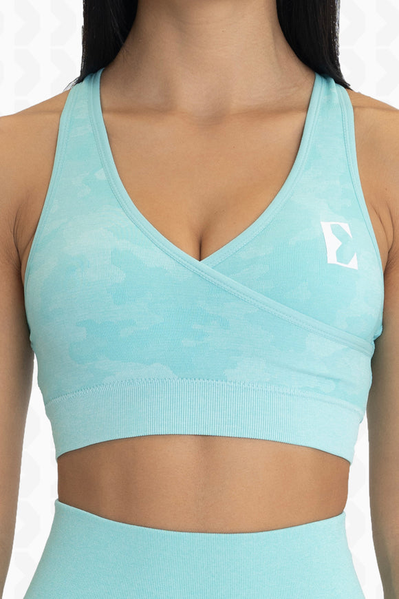 Aqua Blue Seamless Camo Sports Bra - Front