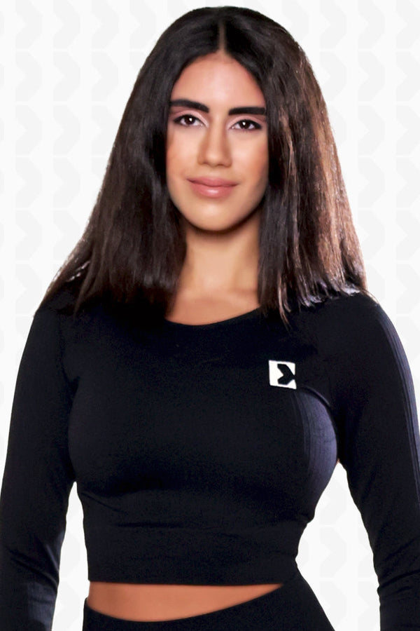 Black Ribbed Long-Sleeve Sports Top - Front