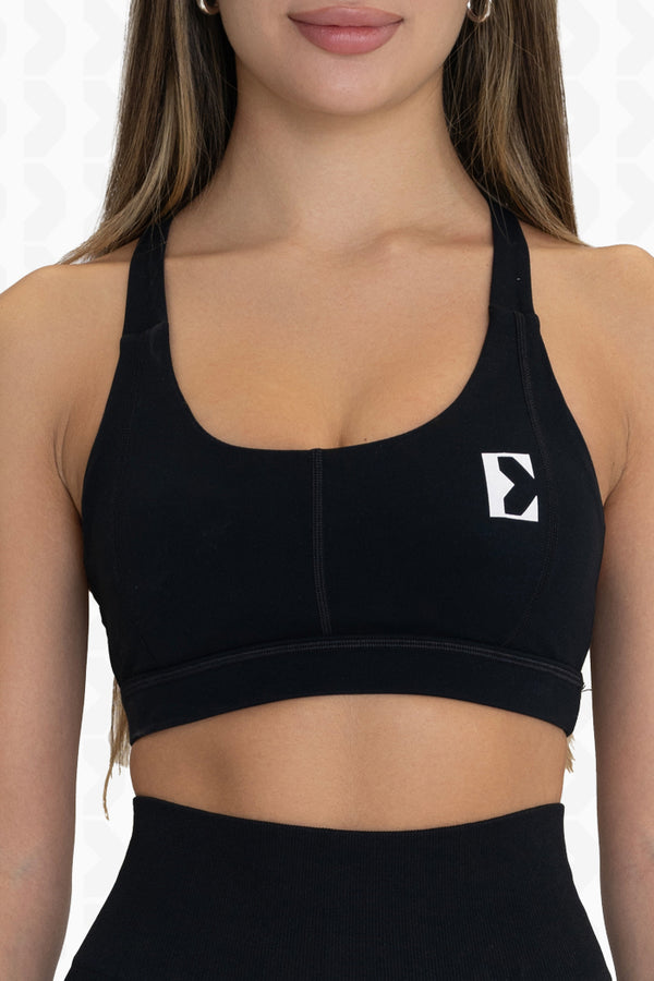 Black Sport Bra with Striking Back Design - Front
