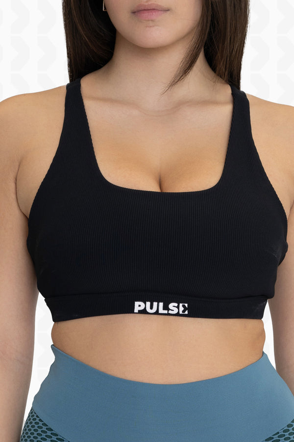 Black Ribbed Stylish Back Design Bra - Front